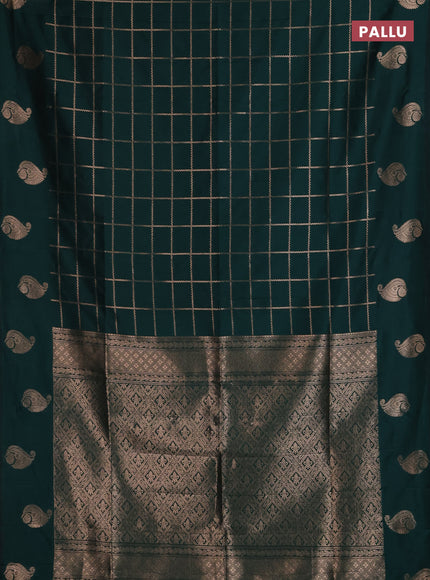 Semi soft silk saree bottle green with allover zari woven checked pattern and paisley zari woven butta border