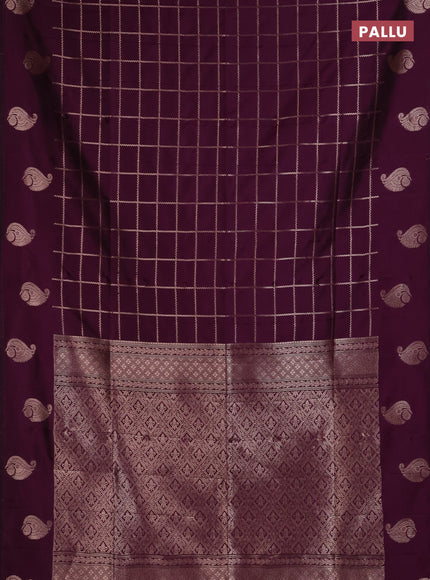 Semi soft silk saree deep purple with allover zari woven checked pattern and paisley zari woven butta border