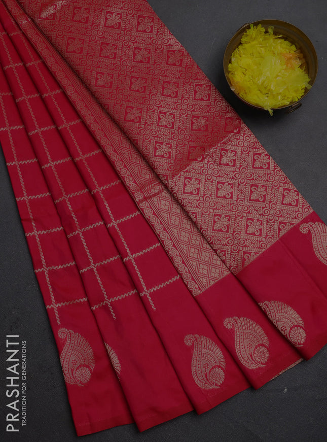 Semi soft silk saree red with allover zari woven checked pattern and paisley zari woven butta border