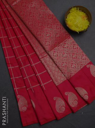Semi soft silk saree red with allover zari woven checked pattern and paisley zari woven butta border