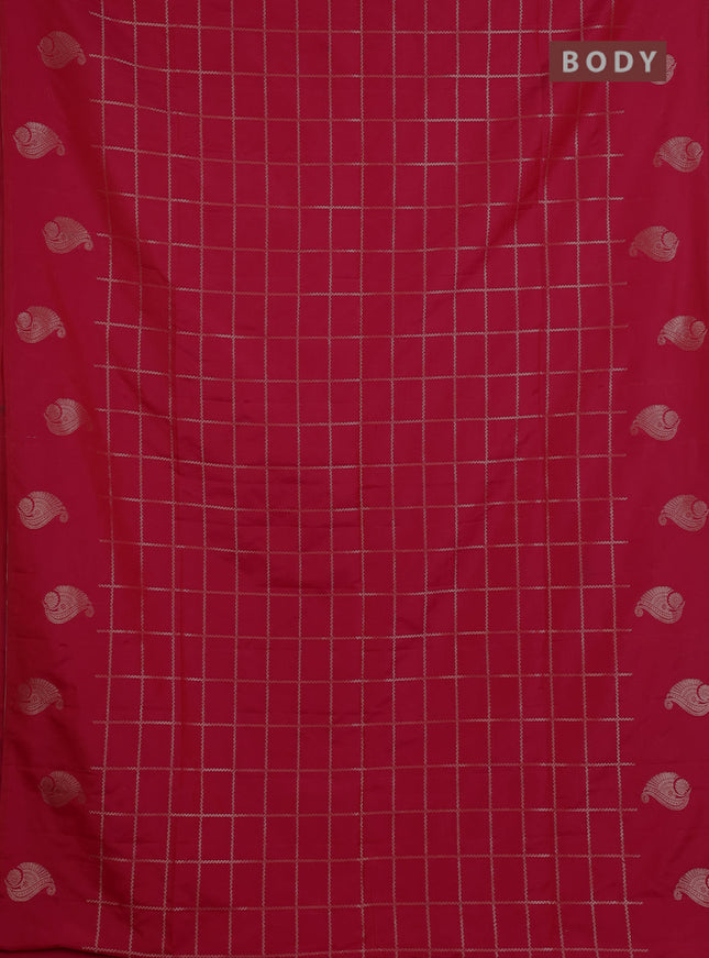 Semi soft silk saree red with allover zari woven checked pattern and paisley zari woven butta border