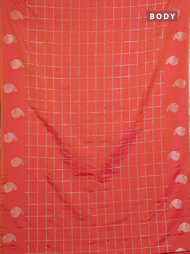 Semi soft silk saree sunset orange with allover zari woven checked pattern and paisley zari woven butta border