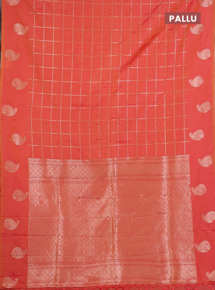 Semi soft silk saree sunset orange with allover zari woven checked pattern and paisley zari woven butta border
