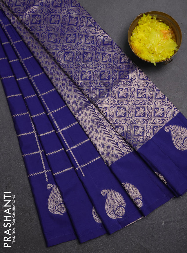 Semi soft silk saree navy blue with allover zari woven checked pattern and paisley zari woven butta border
