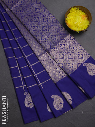 Semi soft silk saree navy blue with allover zari woven checked pattern and paisley zari woven butta border