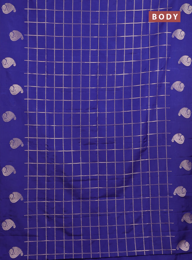Semi soft silk saree navy blue with allover zari woven checked pattern and paisley zari woven butta border