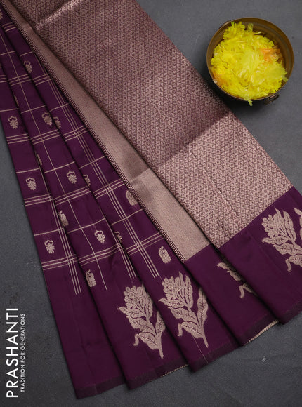 Semi soft silk saree deep purple with allover zari checks & buttas and zari woven butta border