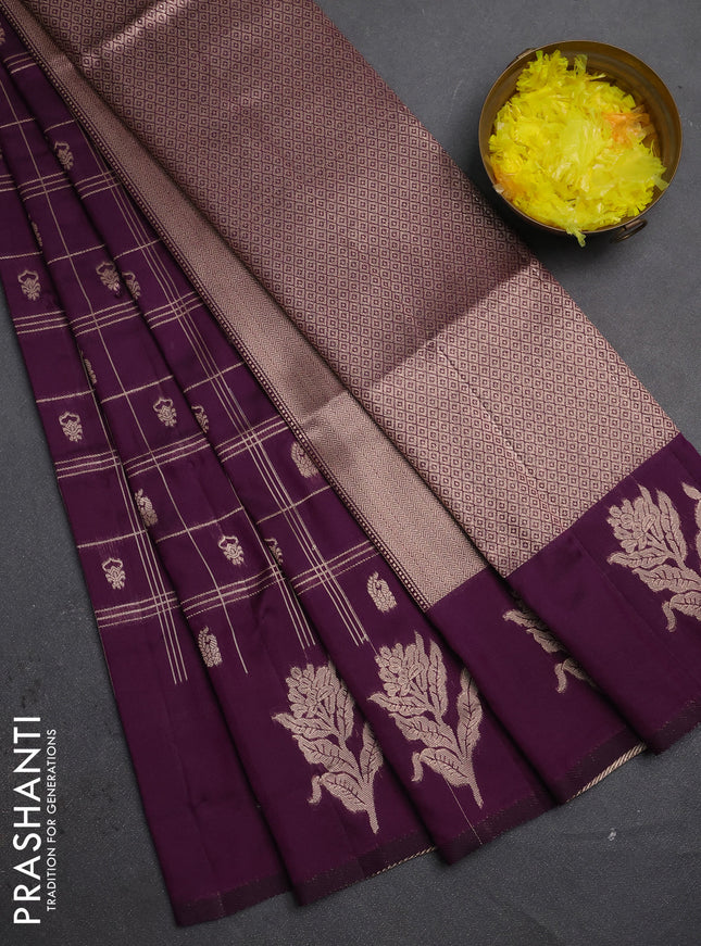 Semi soft silk saree deep purple with allover zari checks & buttas and zari woven butta border