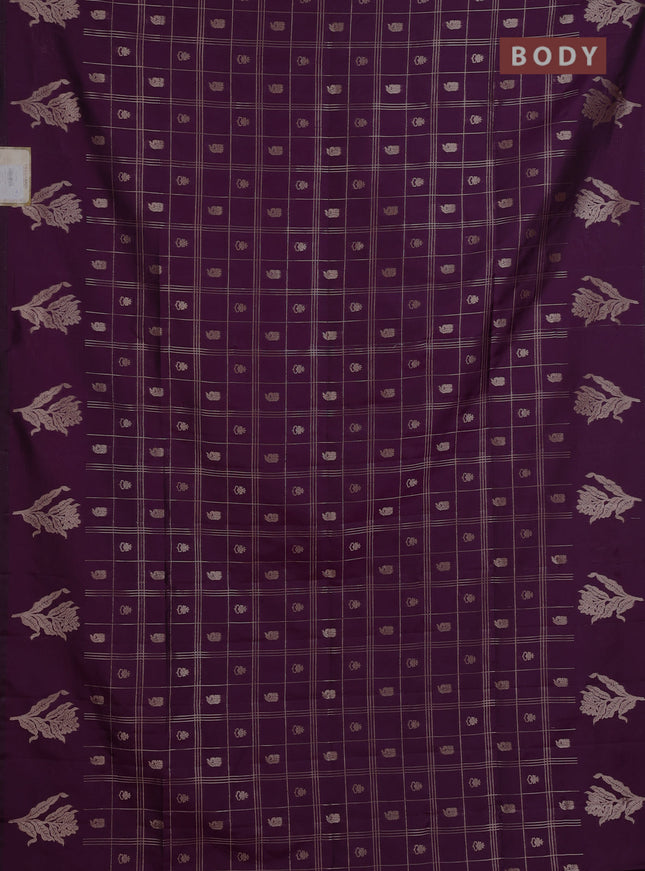 Semi soft silk saree deep purple with allover zari checks & buttas and zari woven butta border