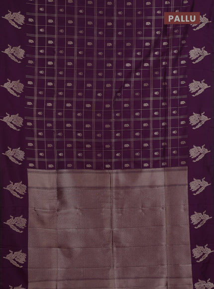 Semi soft silk saree deep purple with allover zari checks & buttas and zari woven butta border