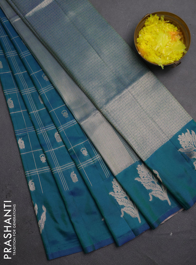 Semi soft silk saree peacock green with allover zari checks & buttas and zari woven butta border