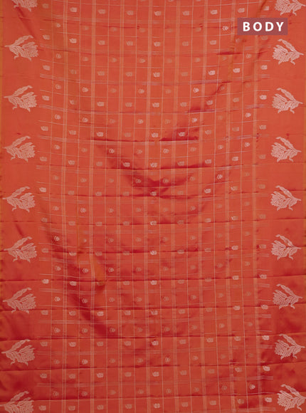 Semi soft silk saree sunset orange with allover zari checks & buttas and zari woven butta border