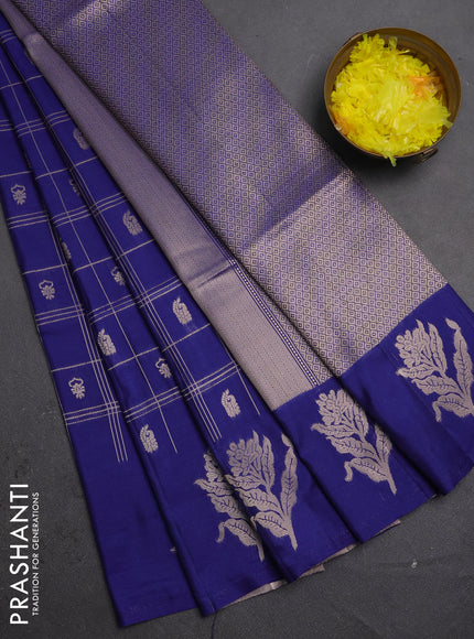 Semi soft silk saree navy blue with allover zari checks & buttas and zari woven butta border