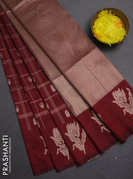 Semi soft silk saree maroon with allover zari checks & buttas and zari woven butta border