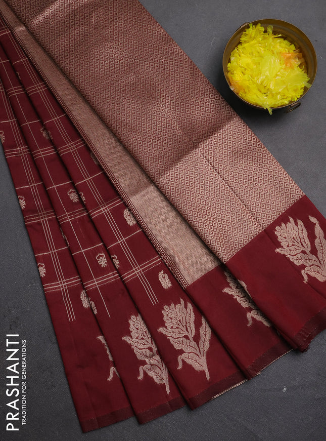 Semi soft silk saree maroon with allover zari checks & buttas and zari woven butta border