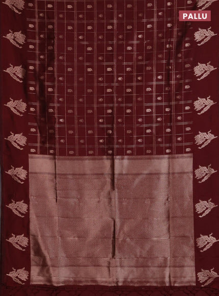 Semi soft silk saree maroon with allover zari checks & buttas and zari woven butta border