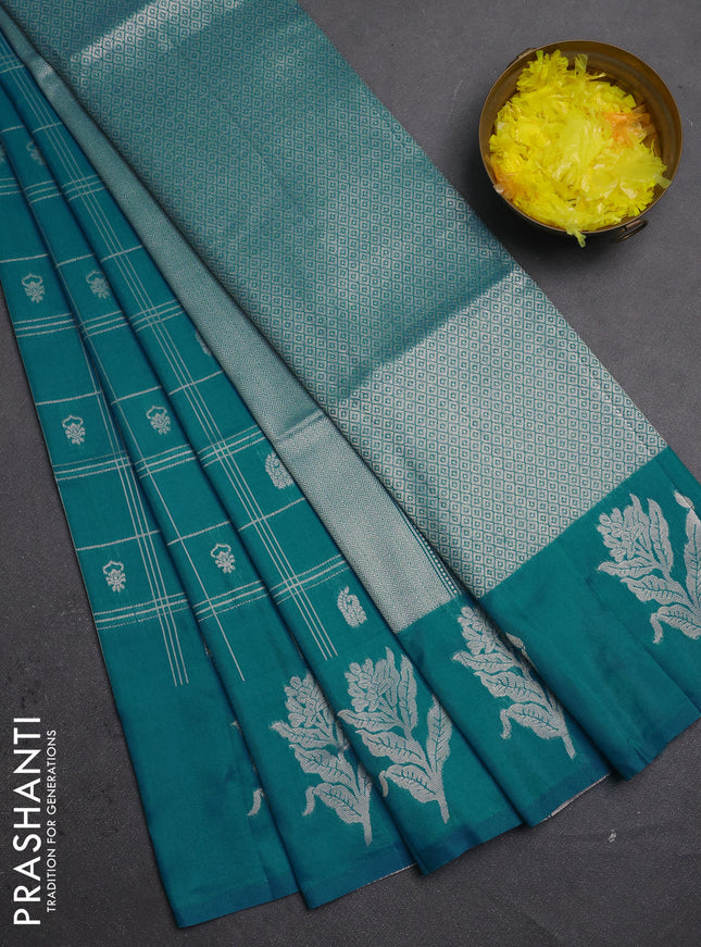 Semi soft silk saree teal blue with allover zari checks & buttas and zari woven butta border