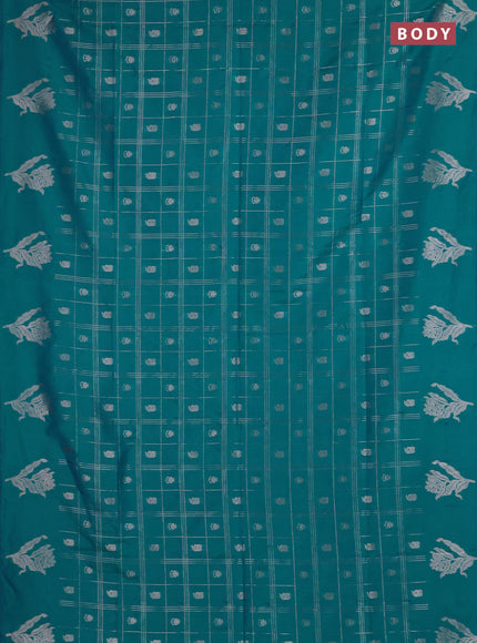 Semi soft silk saree teal blue with allover zari checks & buttas and zari woven butta border