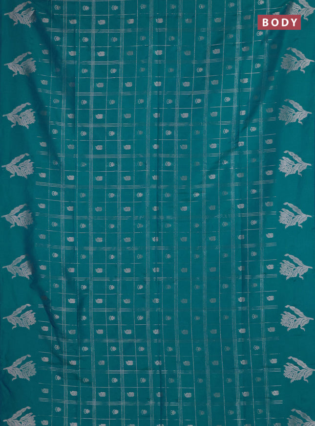 Semi soft silk saree teal blue with allover zari checks & buttas and zari woven butta border