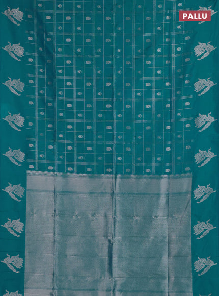 Semi soft silk saree teal blue with allover zari checks & buttas and zari woven butta border