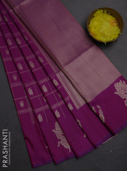 Semi soft silk saree purple with allover zari checks & buttas and zari woven butta border