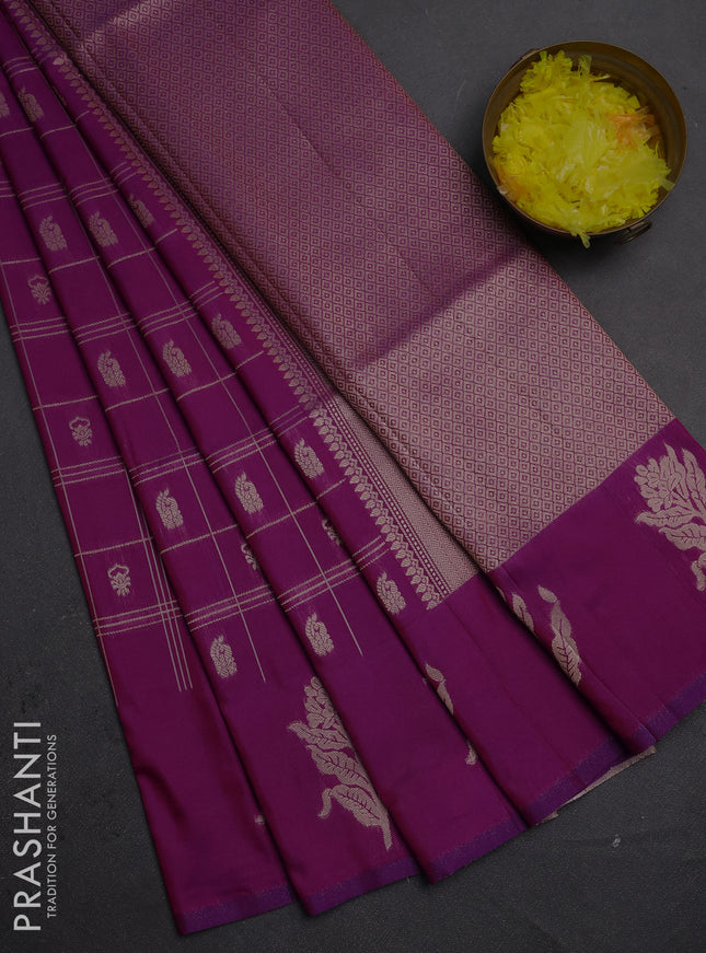 Semi soft silk saree purple with allover zari checks & buttas and zari woven butta border