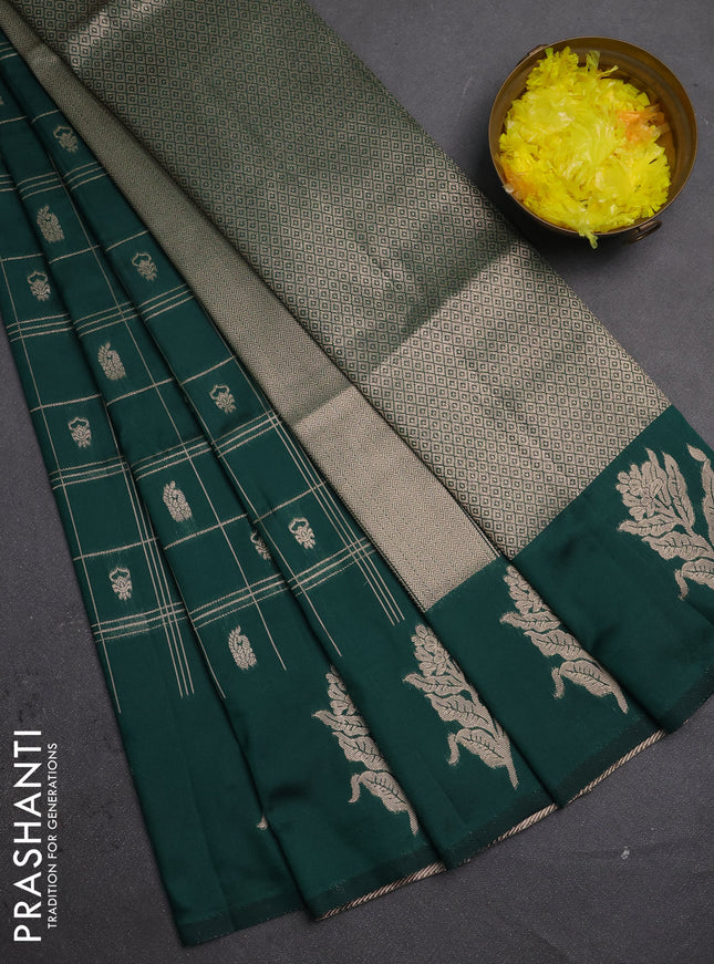 Semi soft silk saree bottle green with allover zari checks & buttas and zari woven butta border