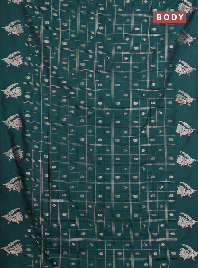 Semi soft silk saree bottle green with allover zari checks & buttas and zari woven butta border
