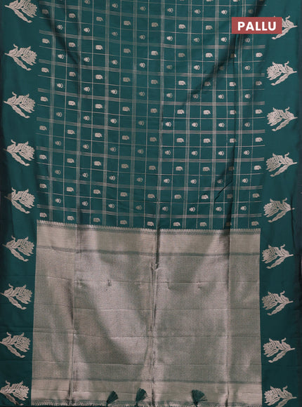 Semi soft silk saree bottle green with allover zari checks & buttas and zari woven butta border