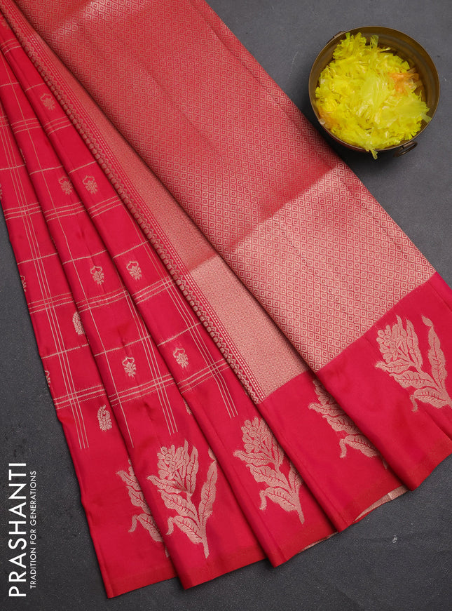 Semi soft silk saree tomato pink with allover zari checks & buttas and zari woven butta border
