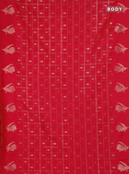 Semi soft silk saree tomato pink with allover zari checks & buttas and zari woven butta border