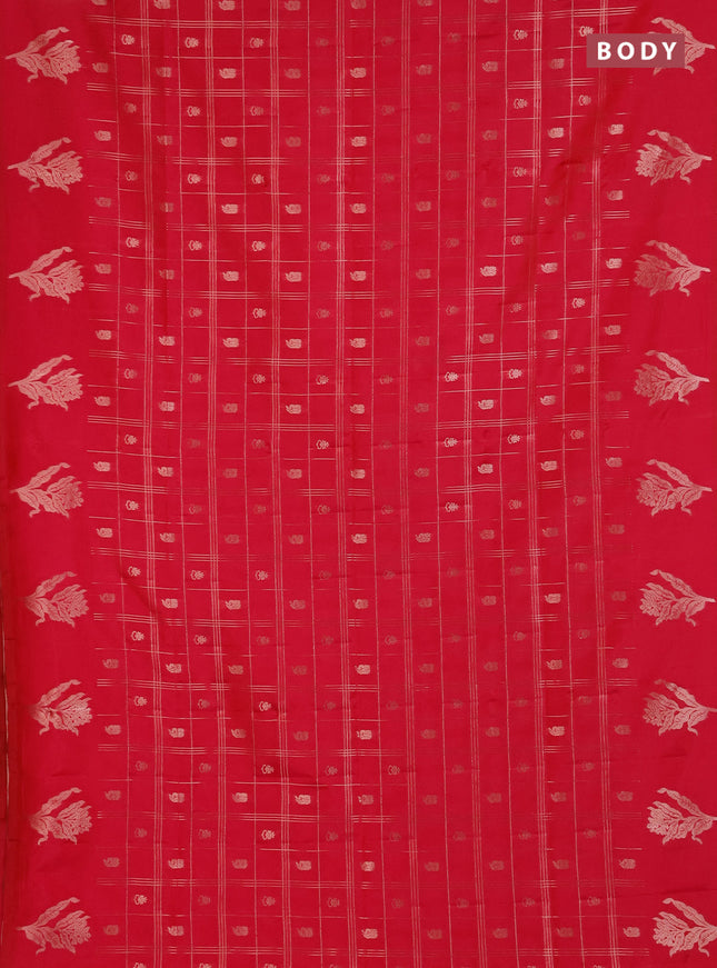 Semi soft silk saree tomato pink with allover zari checks & buttas and zari woven butta border