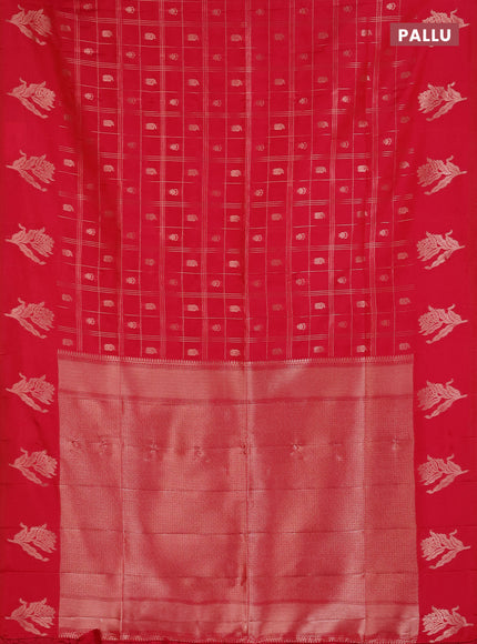 Semi soft silk saree tomato pink with allover zari checks & buttas and zari woven butta border