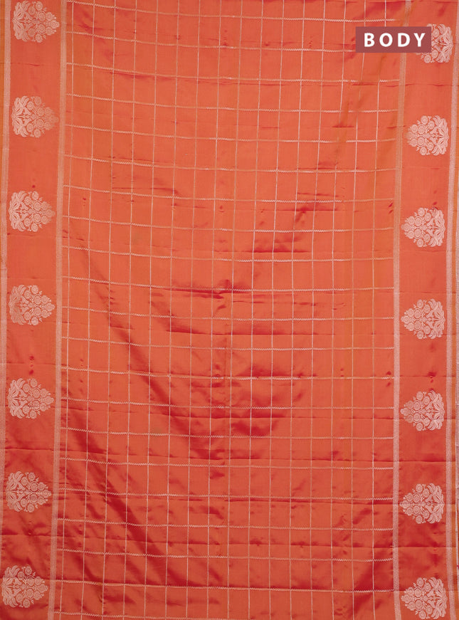 Semi soft silk saree sunset orange with allover zari woven checked pattern and zari woven butta border