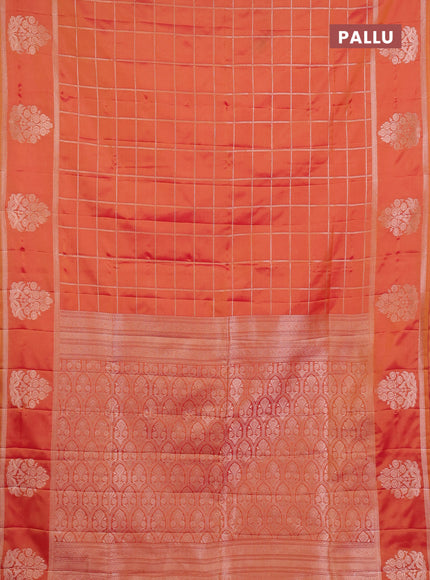 Semi soft silk saree sunset orange with allover zari woven checked pattern and zari woven butta border
