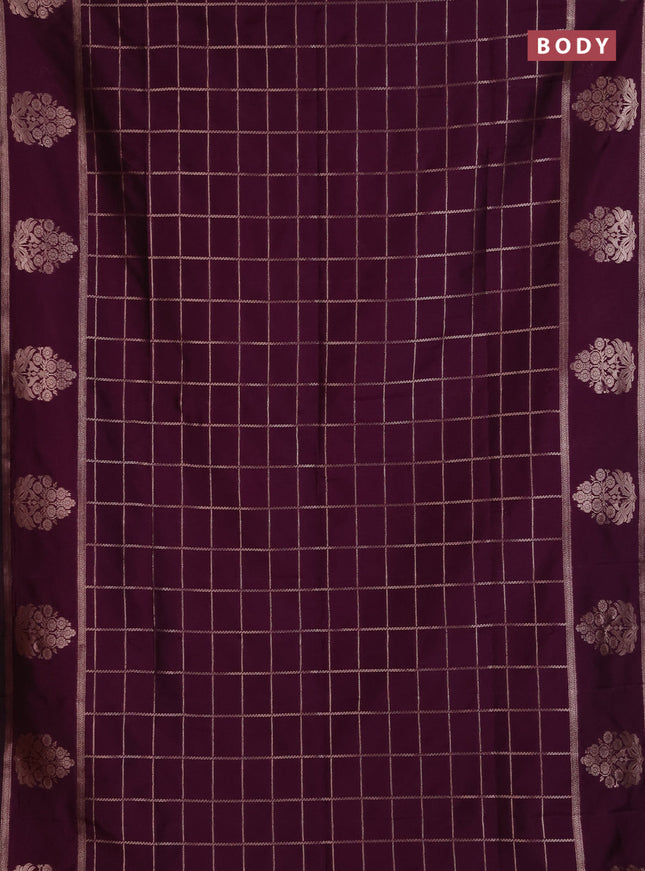 Semi soft silk saree deep purple with allover zari woven checked pattern and zari woven butta border