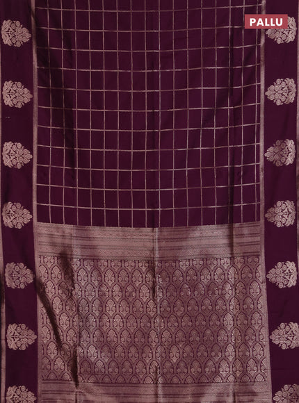 Semi soft silk saree deep purple with allover zari woven checked pattern and zari woven butta border