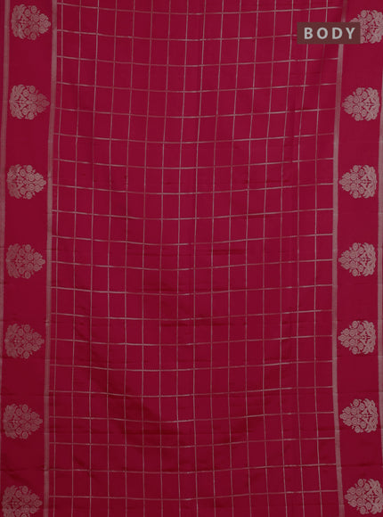 Semi soft silk saree tomato pink with allover zari woven checked pattern and zari woven butta border