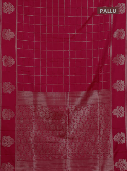 Semi soft silk saree tomato pink with allover zari woven checked pattern and zari woven butta border