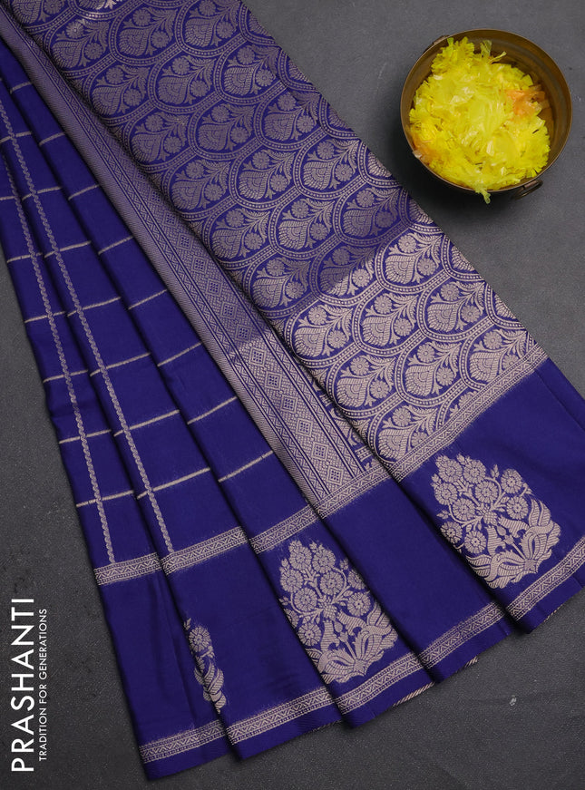 Semi soft silk saree navy blue with allover zari woven checked pattern and zari woven butta border