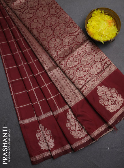 Semi soft silk saree maroon with allover zari woven checked pattern and zari woven butta border