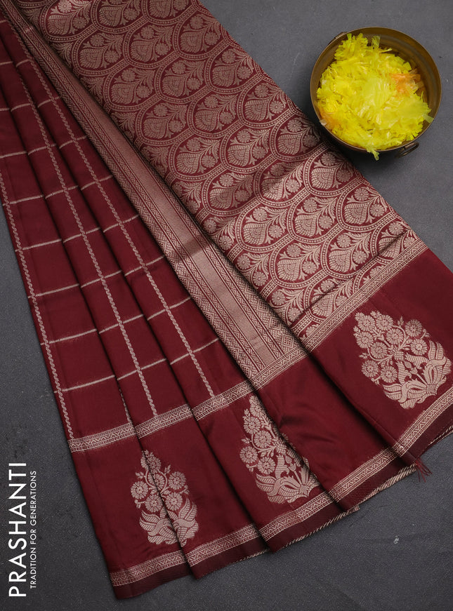 Semi soft silk saree maroon with allover zari woven checked pattern and zari woven butta border