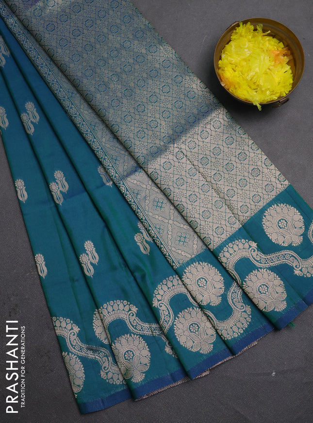 Semi soft silk saree teal green with allover zari woven buttas and zari woven butta border