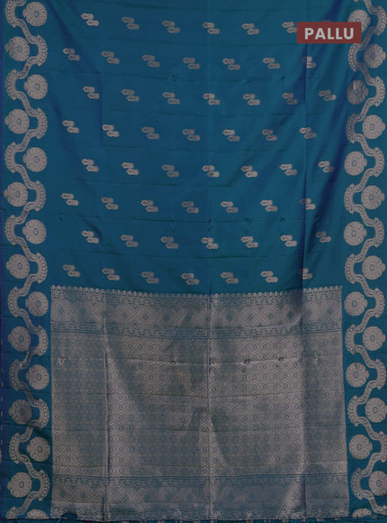 Semi soft silk saree teal green with allover zari woven buttas and zari woven butta border