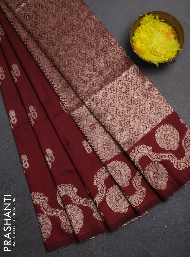 Semi soft silk saree maroon with allover zari woven buttas and zari woven butta border