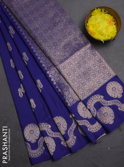 Semi soft silk saree navy blue with allover zari woven buttas and zari woven butta border