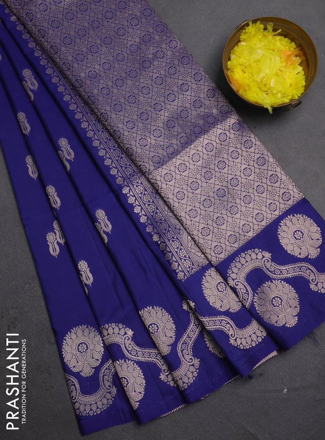 Semi soft silk saree navy blue with allover zari woven buttas and zari woven butta border