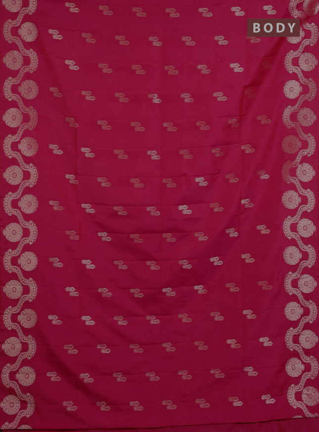 Semi soft silk saree tomato pink with allover zari woven buttas and zari woven butta border
