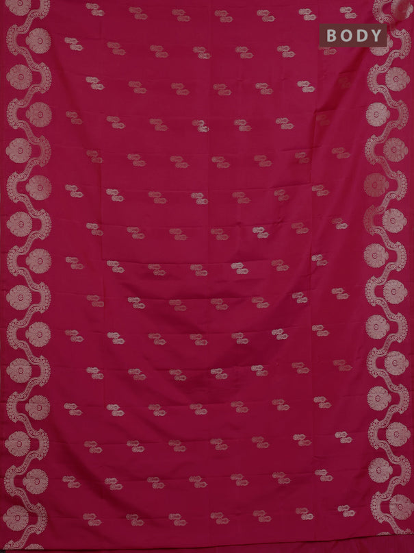 Semi soft silk saree tomato pink with allover zari woven buttas and zari woven butta border