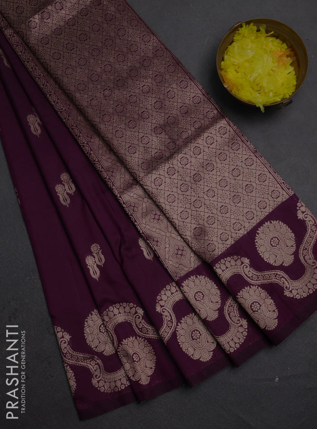 Semi soft silk saree deep purple with allover zari woven buttas and zari woven butta border